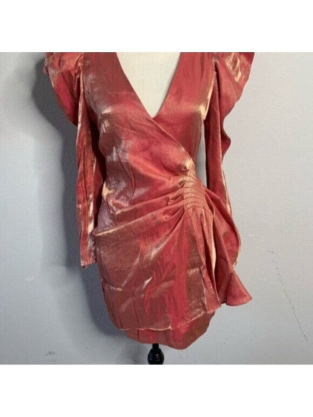 Elliatt Metallic Copper Gold Puff Shoulder Long Sleeve Wrap Mini Dress - Picture 9 of 15